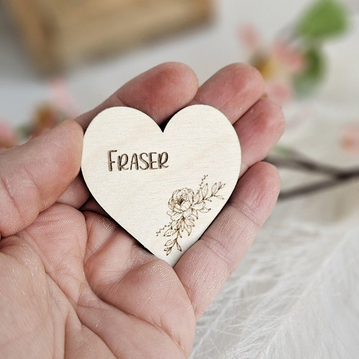 Wedding Place Name Favours, Personalised Engraved Rustic Heart Tags, Botanical Wooden Wedding Keepsakes
