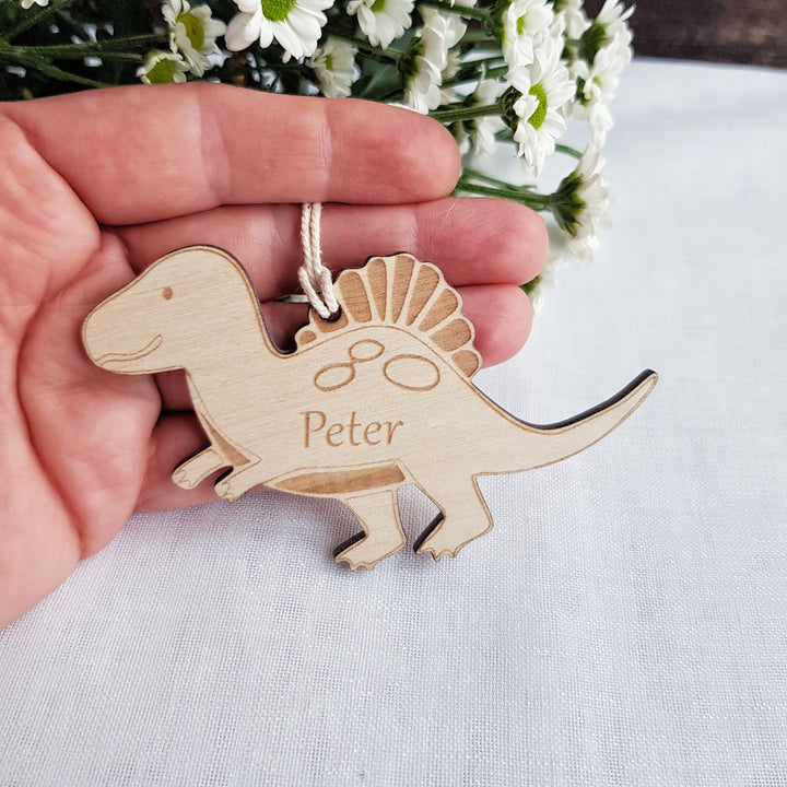 Personalised Dinosaur Wooden Keyring - Engraved Backpack Charm  Christmas Ornament