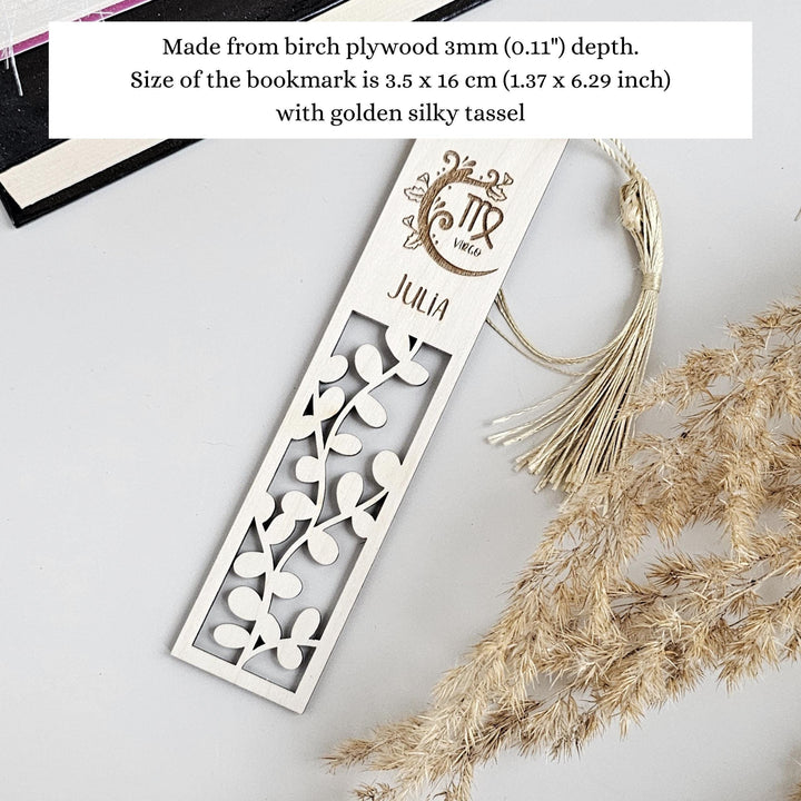 Custom Zodiac Bookmark with Leaves - Engraved Wooden Keepsake