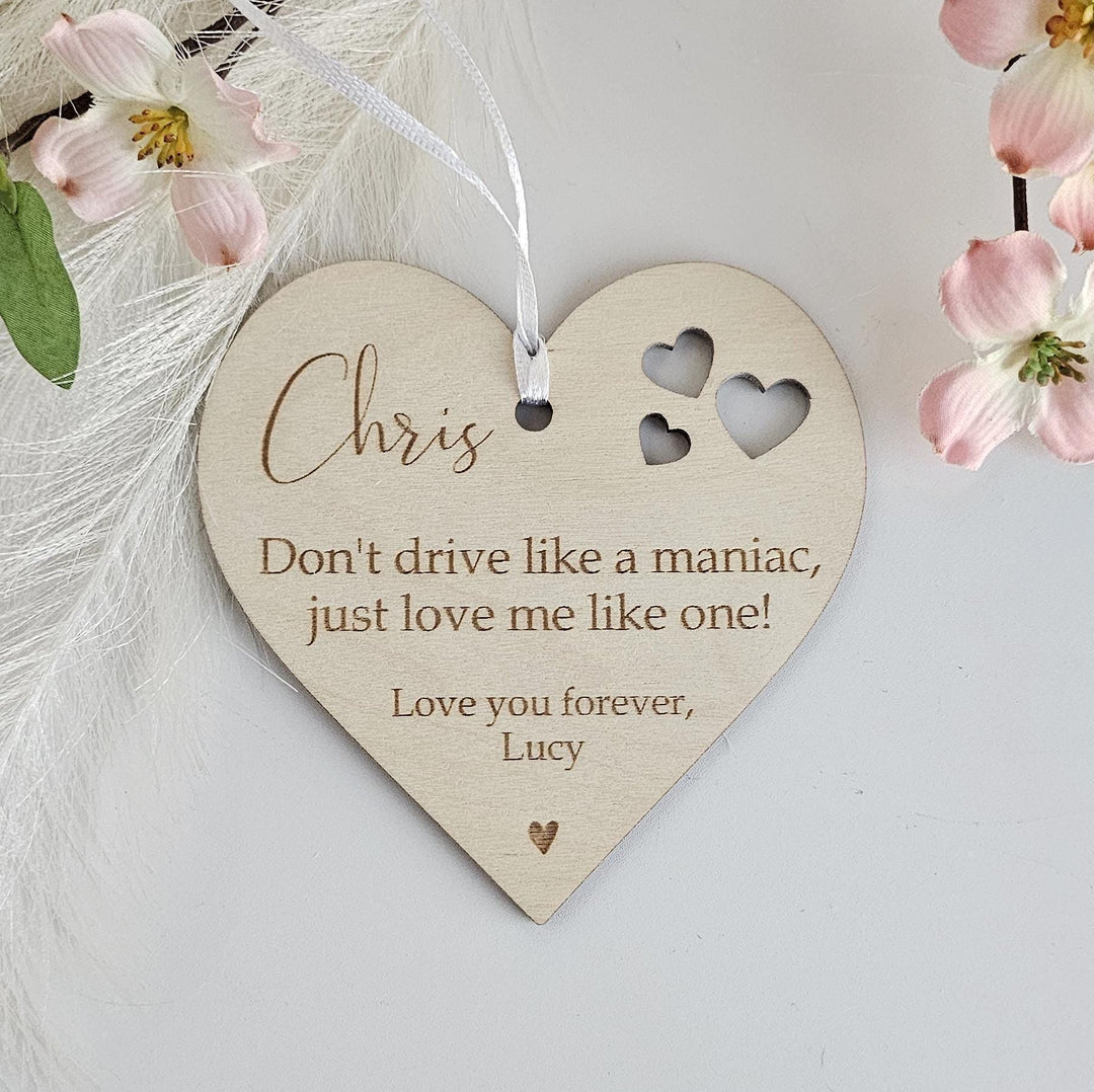Wooden Car Mirror Pendant - Personalized Valentines Gift for Driving Partner