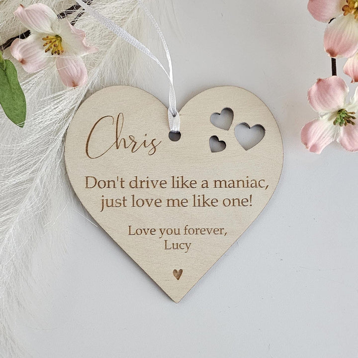 Wooden Car Mirror Pendant - Personalized Valentines Gift for Driving Partner
