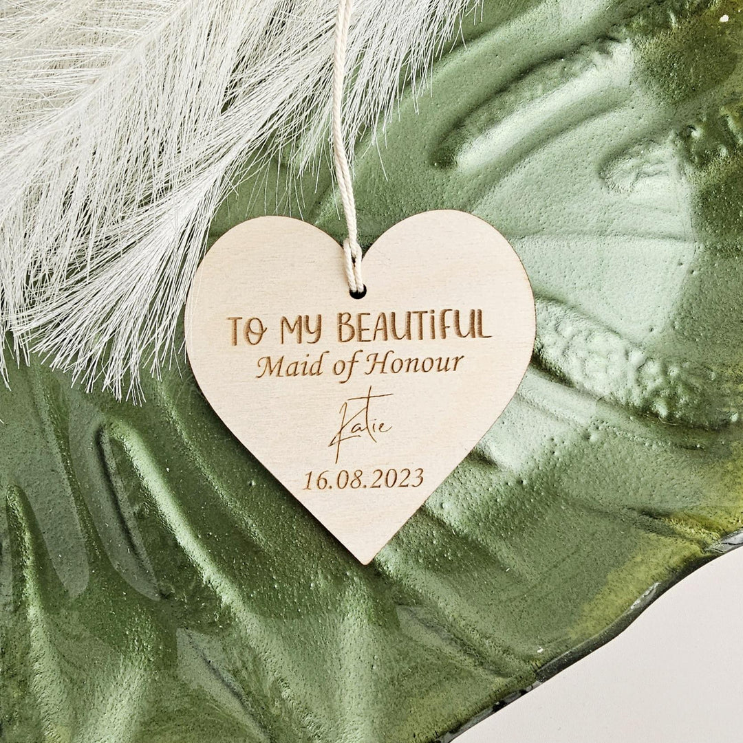 Personalised Wedding Gift Heart Plaque - Bridal Party Tag / Ornament- Bridesmaid, Maid of Honour, Flower Girl Wooden Keepsake