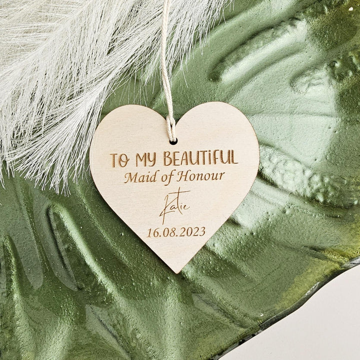 Personalised Wedding Gift Heart Plaque - Bridal Party Tag / Ornament- Bridesmaid, Maid of Honour, Flower Girl Wooden Keepsake