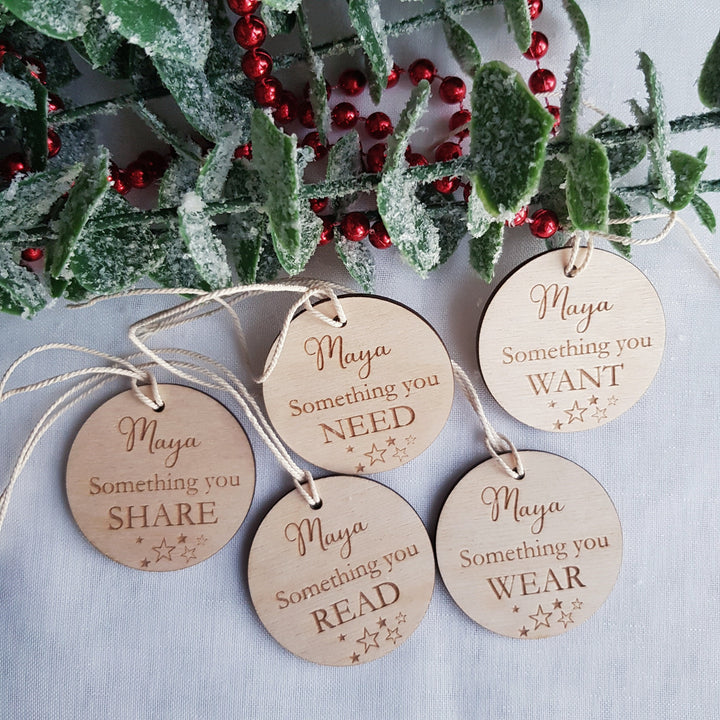 Personalized Rustic Christmas Gift Tags - Want Wear Need Read Labels