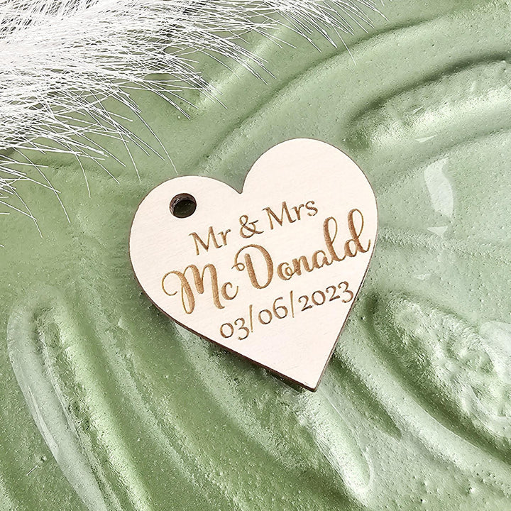 Wedding Heart Favours - Personalised Wooden Thank You Tokens,  Custom Engraved Rustic Gift Tags