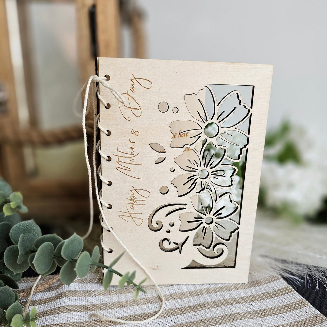 Personalised Wooden Card Happy Mother's Day Boho Flowers cutout, Eco Friendly Birthday Gift, Mum, Mom, Grandmother, Nan, Nanny, Granny