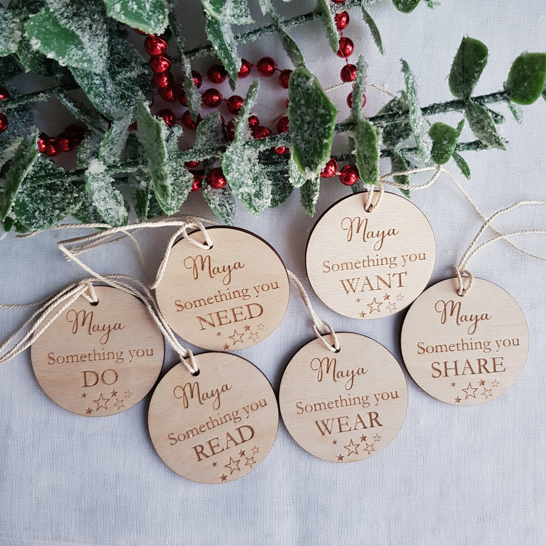 Personalized Rustic Christmas Gift Tags - Want Wear Need Read Labels