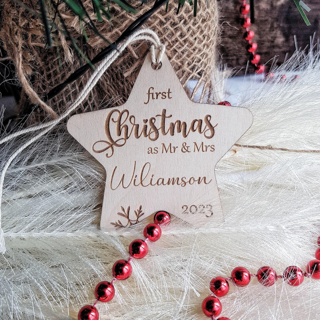 Personalised Mr  Mrs Bauble - First Christmas Ornament Wooden Keepsake Decoration
