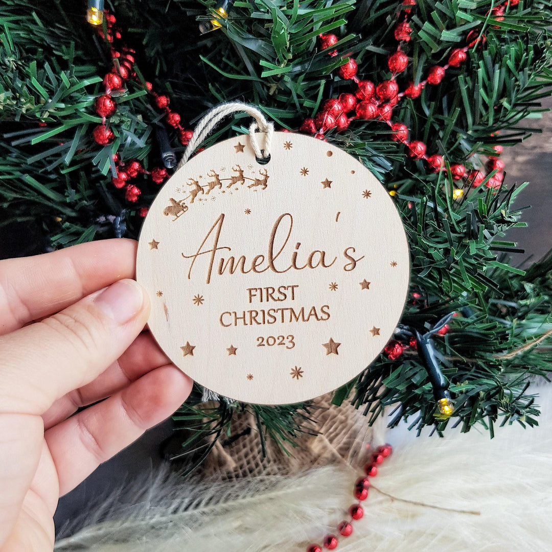 Personalised Baby's First Christmas Tree Bauble - Wooden Keepsake with Santa Sleigh - Custom Name Ornament - Round Ornament