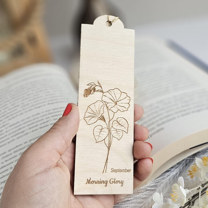Birth Flower Bookmark September Morning Glory - Personalised Wooden Gift for Book Lovers
