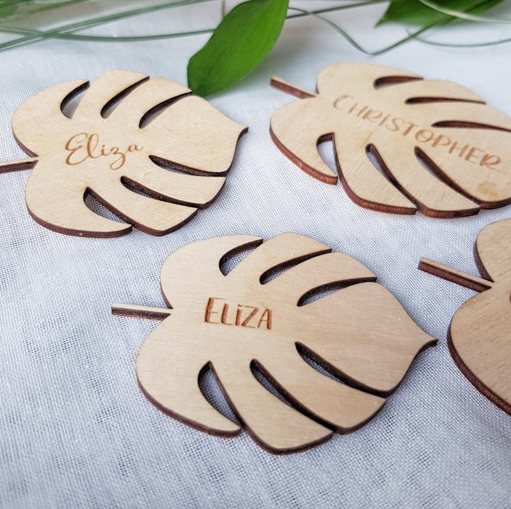 Wooden Monstera Leaf Name Place Setting - Rustic Table Cards for Weddings, Family Gatherings, Parties, Thanksgiving Dinner and Events