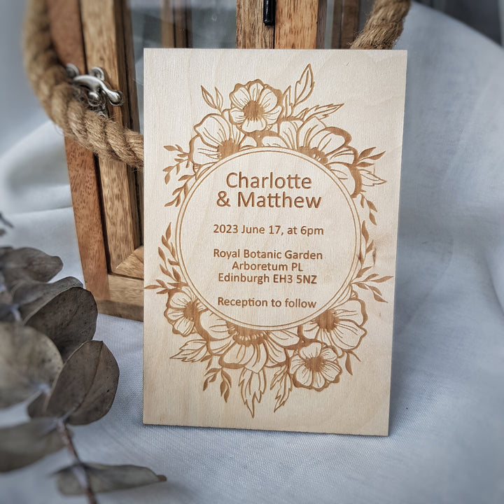 Personalised Rustic Wooden Wedding Invitation - Floral Wreath - Birthday Anniversary Baptism Christening Confirmation Party Dinner Invite