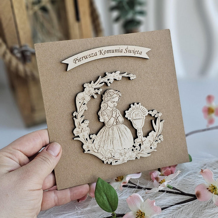 First Holy Communion Wooden Card for Girl - Catholic Keepsake Gift