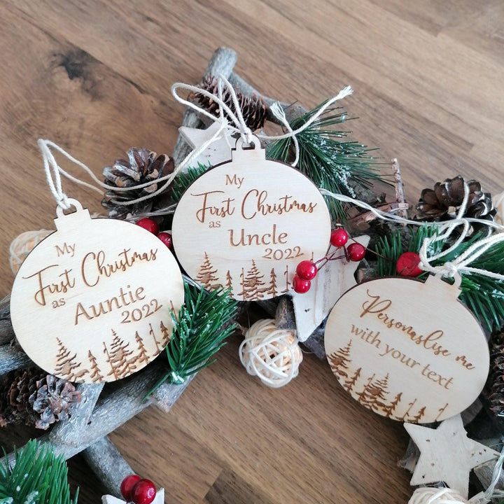 Personalised Wooden Christmas Tree Ornament - First Family Christmas Bauble