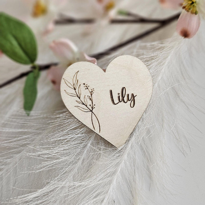 Wedding Place Name Favours, Personalised Engraved Rustic Heart Tags, Botanical Wooden Wedding Keepsakes