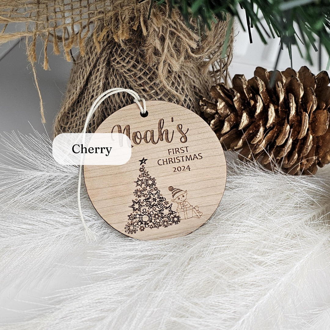 Personalised Babys First Christmas Bauble - Round Wooden Gnome Ornament Rustic Custom Keepsake