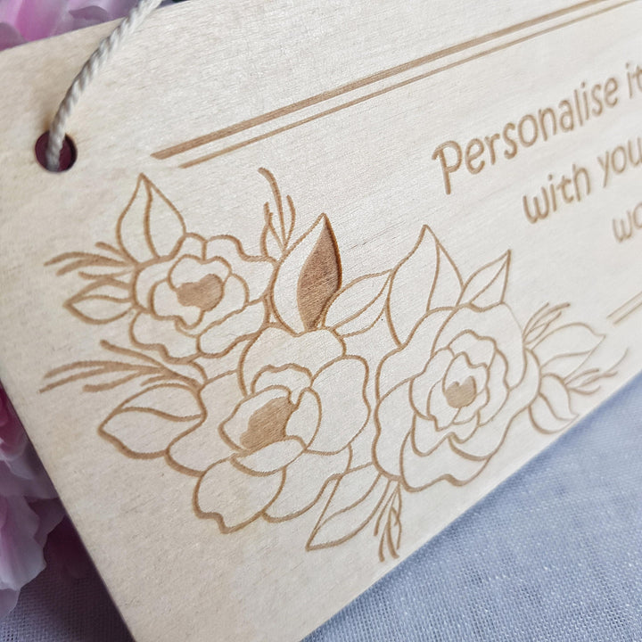 Personalised Rustic Wooden Plaque - Floral Frame Design - Bedroom Doors, Offices