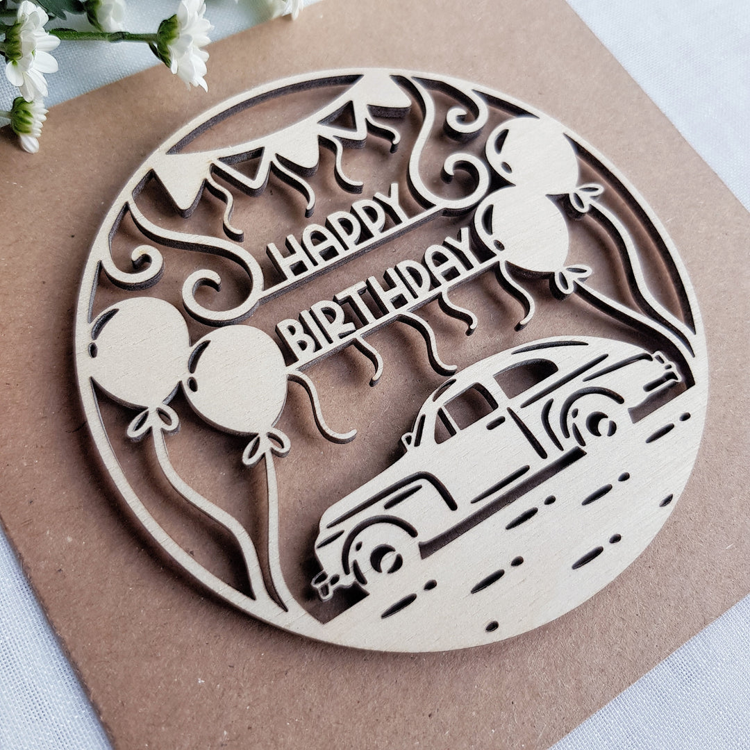 Vintage Car Wooden Card – Handcrafted Rustic Birthday Greetings for Classic Car Fans