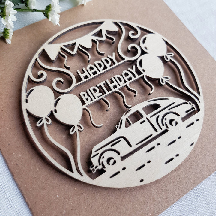Vintage Car Wooden Card – Handcrafted Rustic Birthday Greetings for Classic Car Fans
