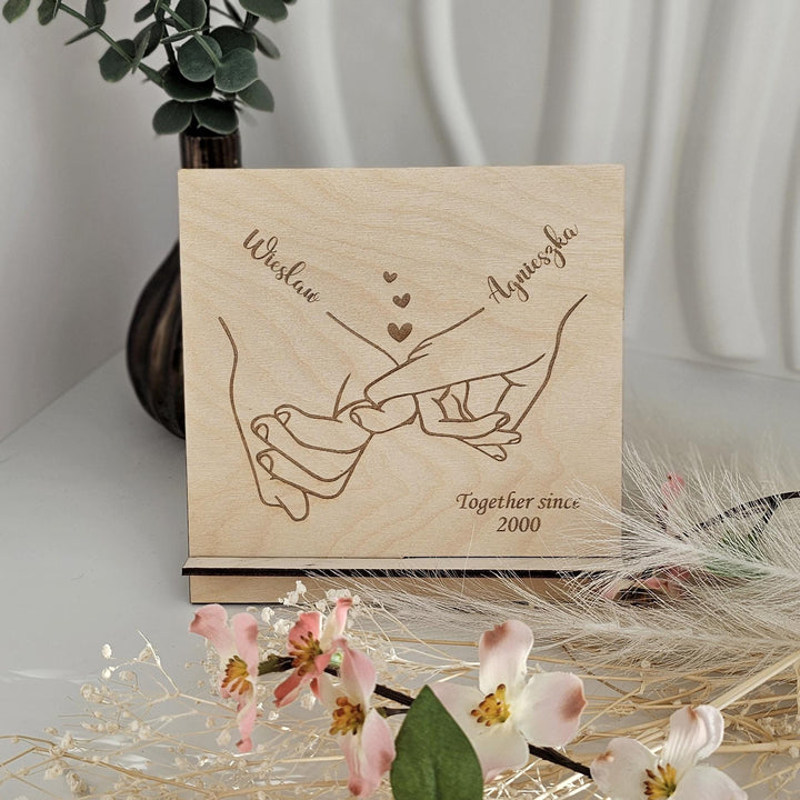 Personalised Valentine's Day gift for her for him, couple's minimalist line drawing holding hands, wooden standing card, custom names