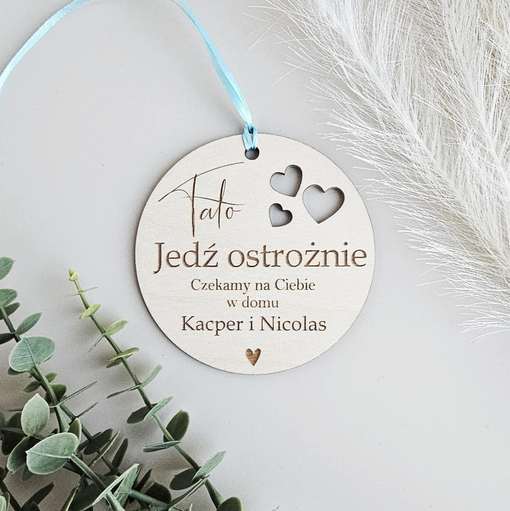 Personalized Car Mirror Charm - Engraved Wooden Pendant for Fathers Day