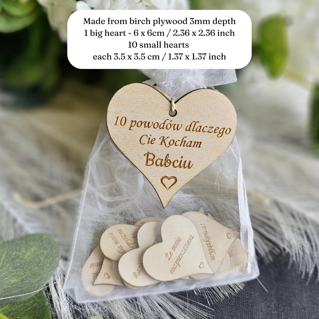 10 reasons why I love you Grandma Polish Dzien Babci i Dziadka, Eco wooden gift tokens, engraved hearts gift for Grandmother and Grandfather