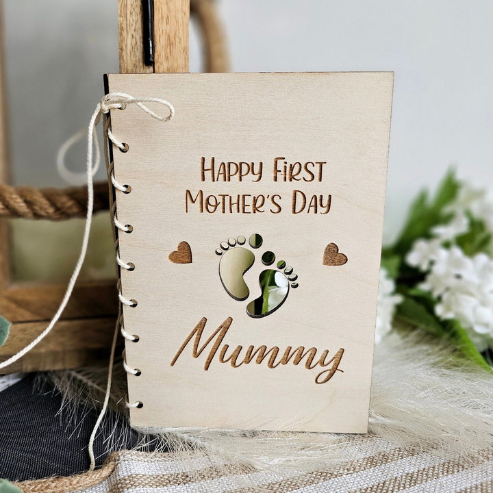 Personalised Wooden Card Happy First Mother's Day Mummy with Baby Feet cutout, Eco Friendly Gift, Mum, Mom, Grandmother, Nan, Nanny, Granny