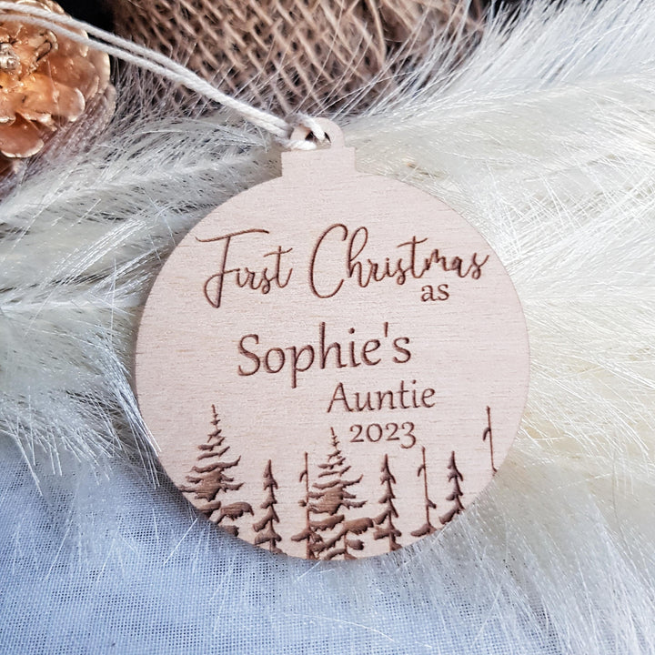 Personalised Eco-Friendly Wooden Christmas Bauble - First Christmas as AuntieUncle Ornament