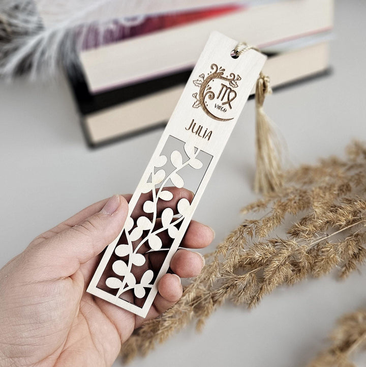 Custom Zodiac Bookmark with Leaves - Engraved Wooden Keepsake