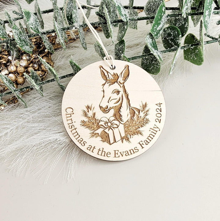 Personalised Wooden Christmas Tree Ornament - Festive Donkey Decoration