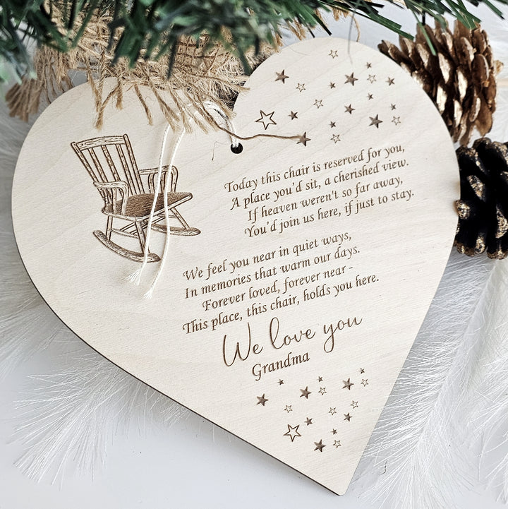 a wooden heart shaped ornament with a poem on it