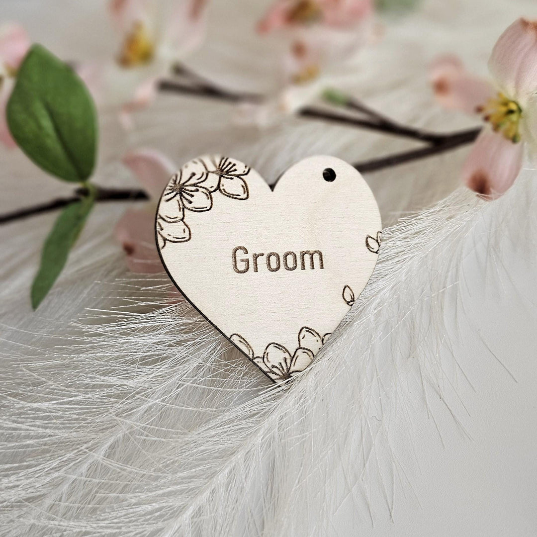 Wedding Place Name Favours, Personalised Engraved Rustic Heart Tags, Botanical Wooden Wedding Keepsakes