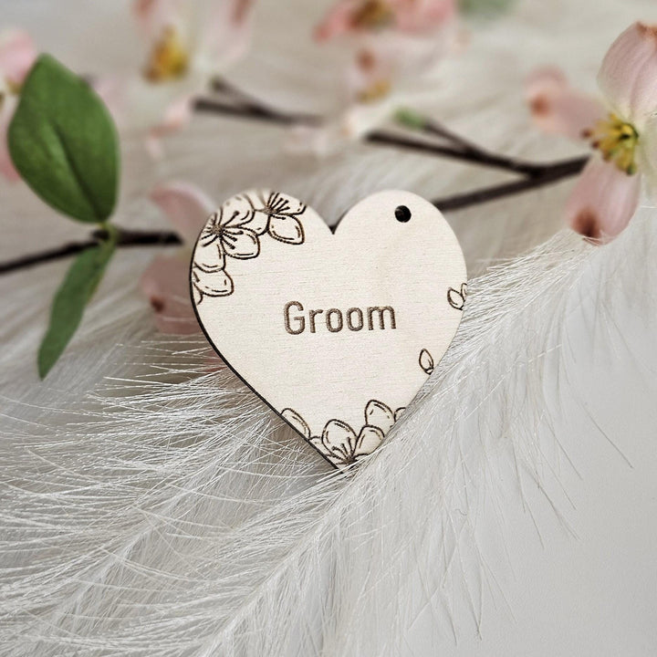 Wedding Place Name Favours, Personalised Engraved Rustic Heart Tags, Botanical Wooden Wedding Keepsakes