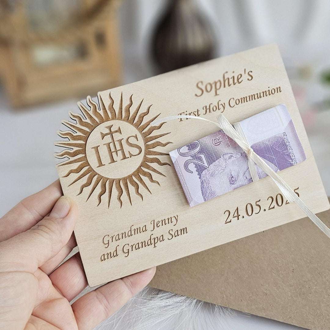 Personalised First Holy Communion Wooden Money Gift Keepsake IHS