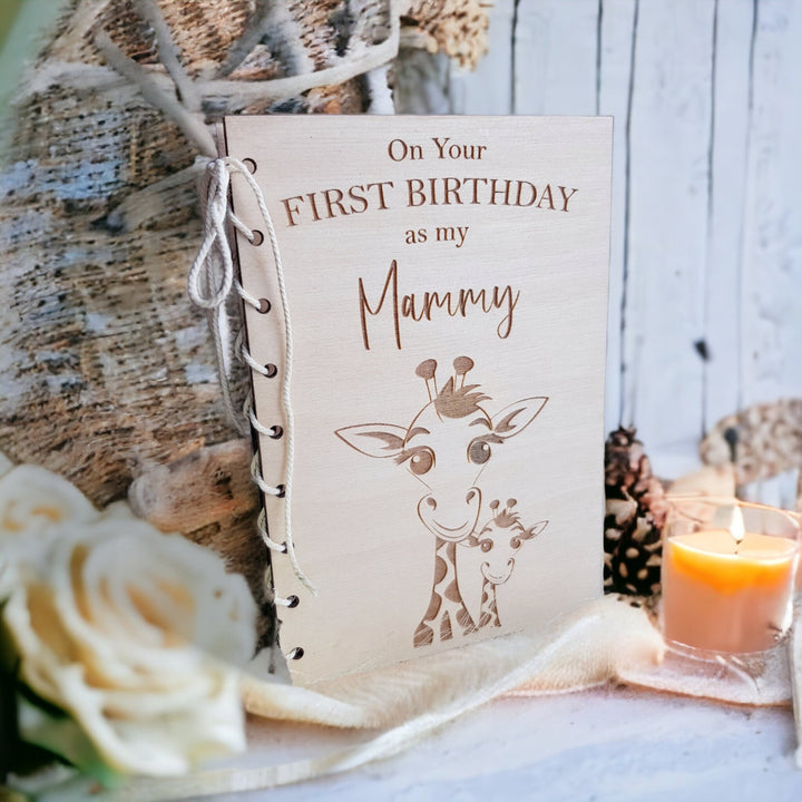 Personalised Giraffe Birthday Card: Rustic Wooden Keepsake for Mom