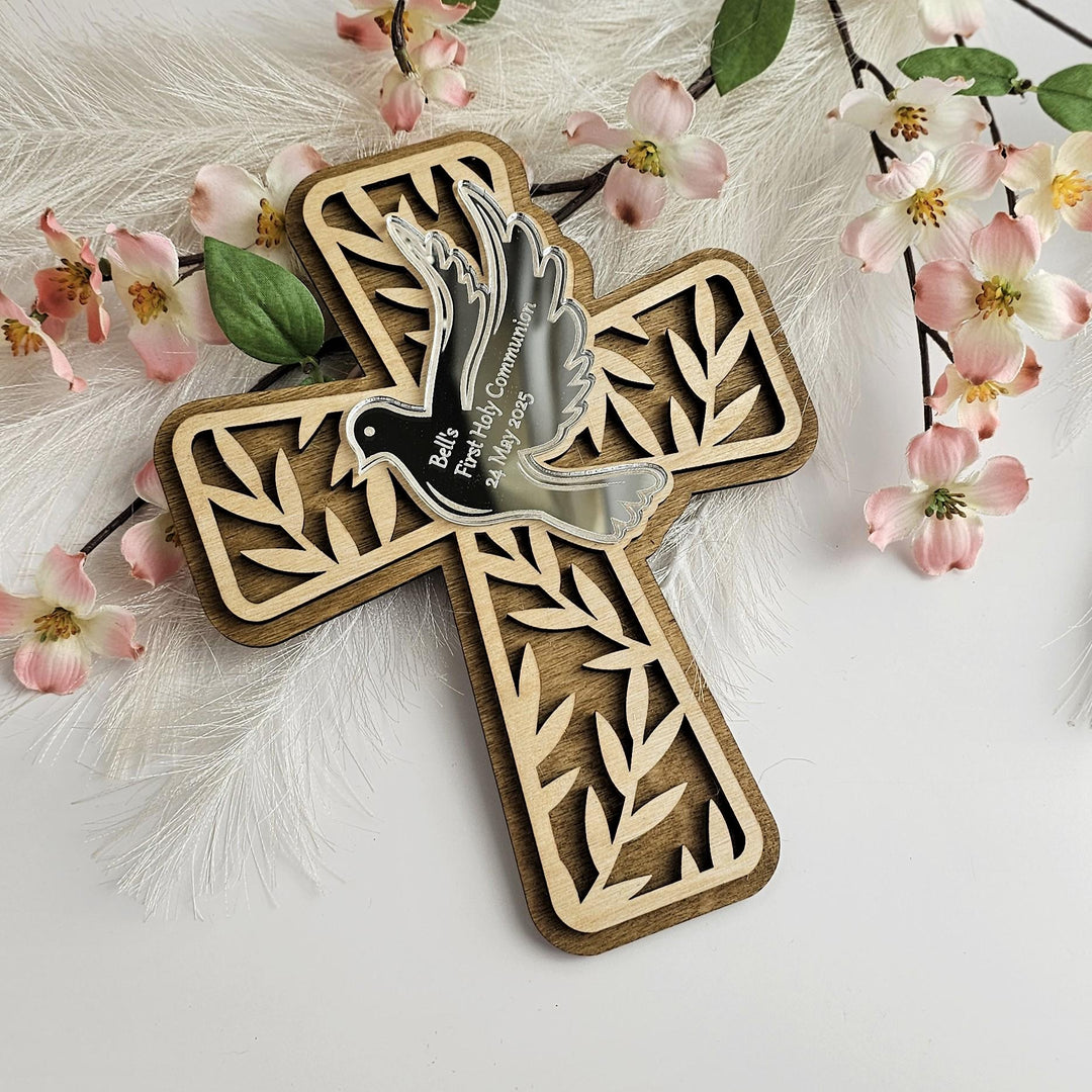 Personalised First Holy Communion Cross Gift – Wooden Catholic Dove Keepsake