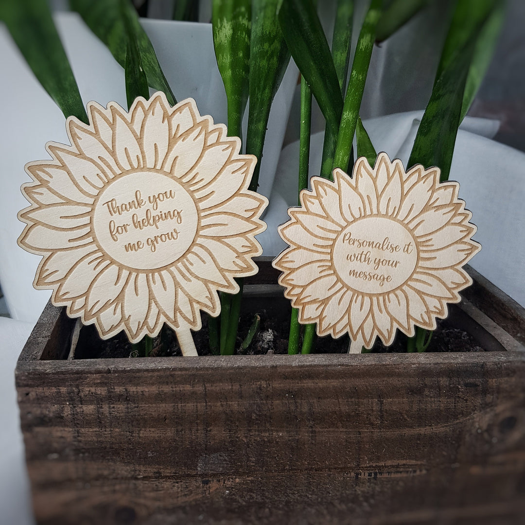 Personalised Sunflower Plant Gift Tag - Wooden Label for Teachers Valentines Mothers Day Birthdays