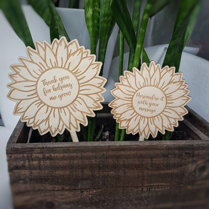 Personalised Sunflower Plant Gift Tag - Wooden Label for Teachers Valentines Mothers Day Birthdays