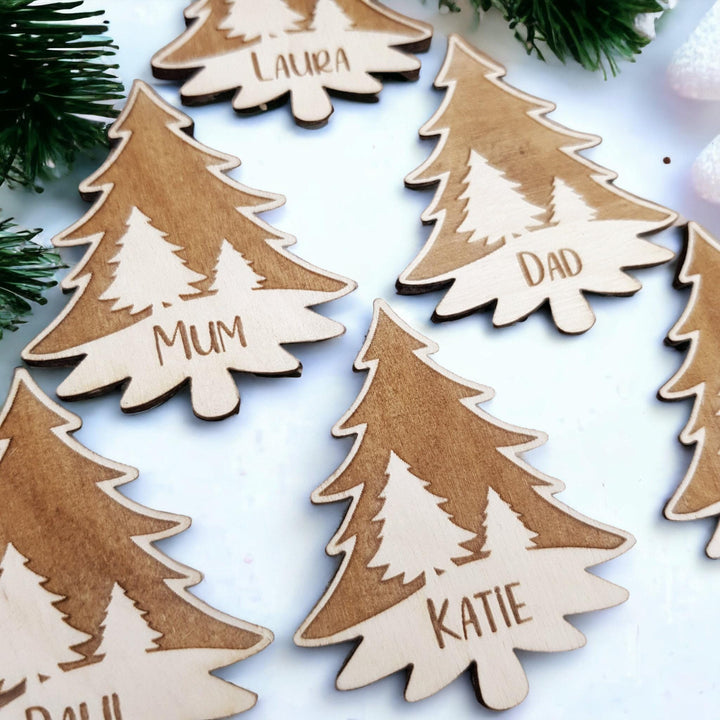 Personalised Rustic Christmas Tree Place Settings for Winter Weddings - Elegant Table Decorations for Holiday Dinners
