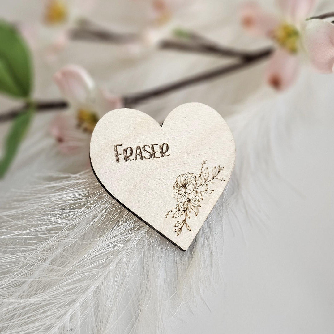 Wedding Place Name Favours, Personalised Engraved Rustic Heart Tags, Botanical Wooden Wedding Keepsakes