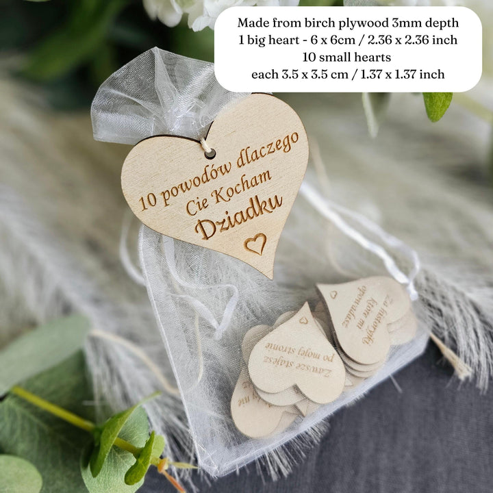 10 reasons why I love you Grandpa Polish Dzien Babci i Dziadka, Eco wooden gift tokens, engraved hearts gift for Grandmother and Grandfather