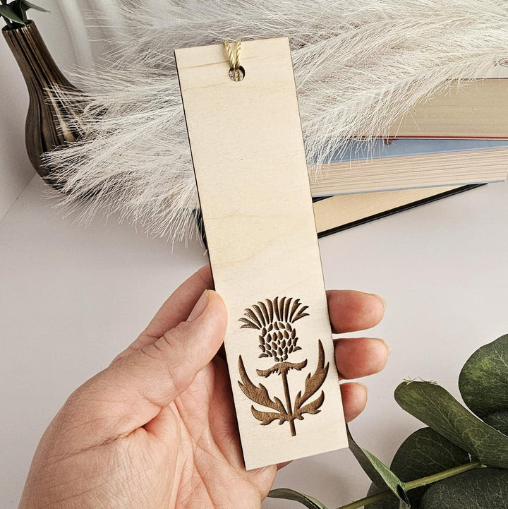 Personalised Wooden Bookmark – Custom Engraved Scottish Thistle Design Gift