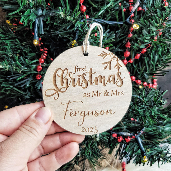 Personalised Mr  Mrs Bauble - First Christmas Wooden Ornament