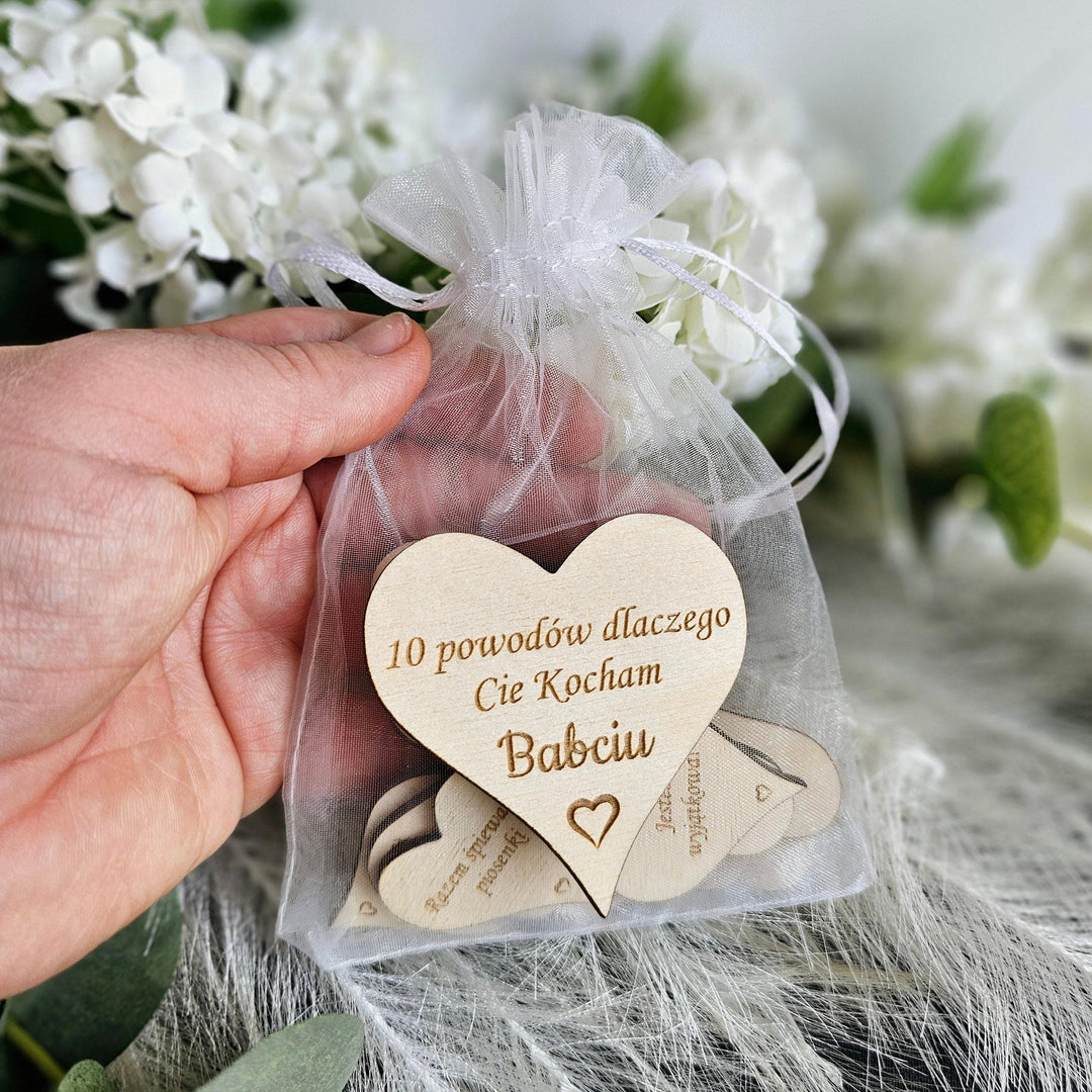 10 reasons why I love you Grandma Polish Dzien Babci i Dziadka, Eco wooden gift tokens, engraved hearts gift for Grandmother and Grandfather