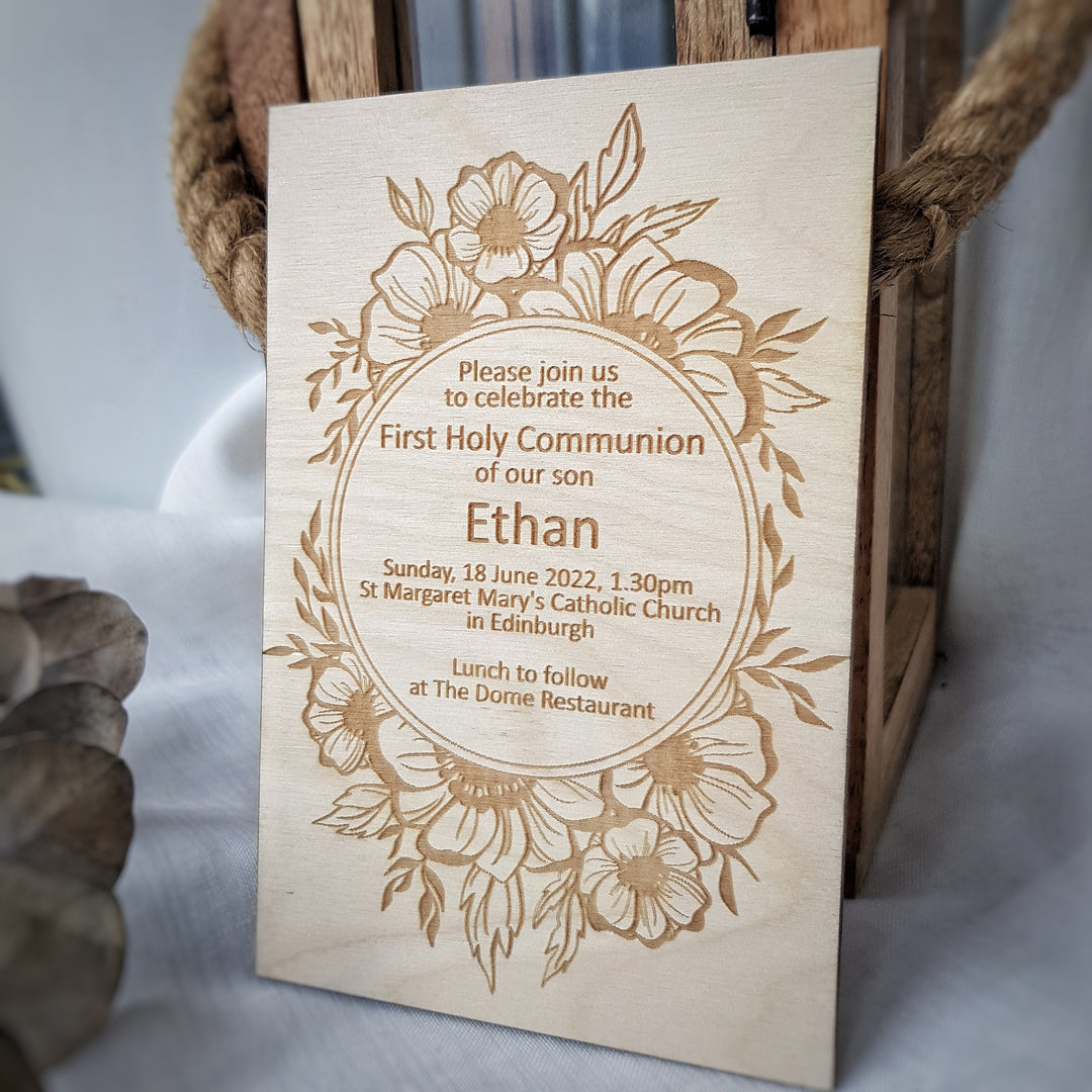 Wooden First Holy Communion Invitation – Personalised Engraved Floral Keepsake Card