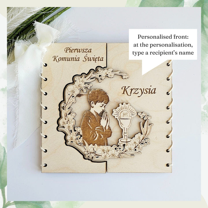 Personalised  First Holy Communion Card, Handmade Gift for Boys Grandson Godson Son Nephew Brother, Religious Wooden Keepsake