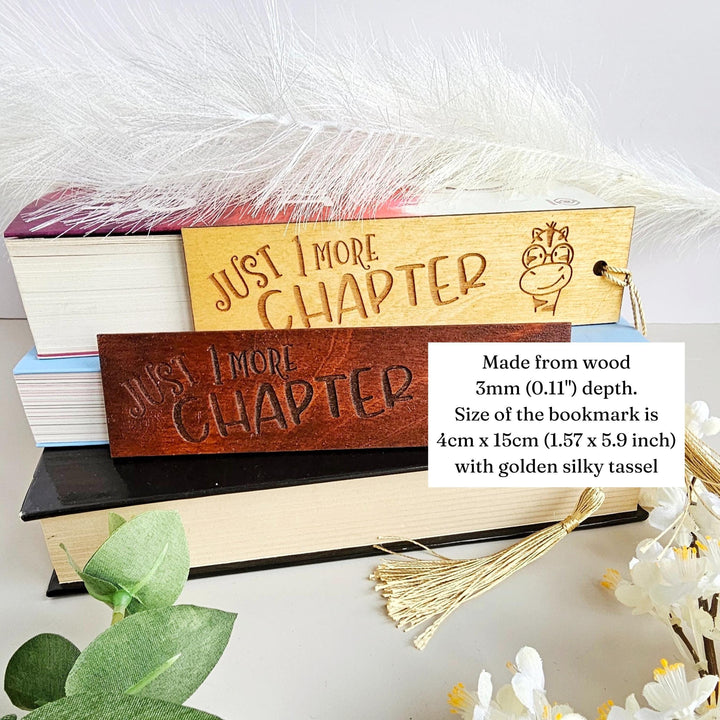 Wooden Bookmark – Personalised Engraved Gift for Book Lovers with Tassel - Just One More Chapter