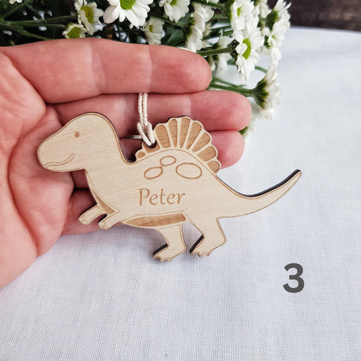 Personalised Dinosaur Wooden Keyring - Engraved Backpack Charm  Christmas Decoration