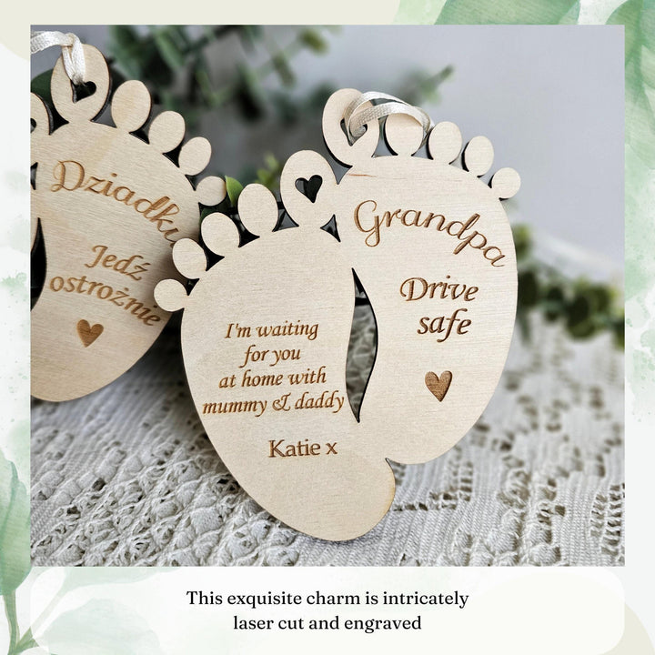 Personalised Wooden Car Mirror Pendant - Daddy Drive Safe Baby Feet Charm