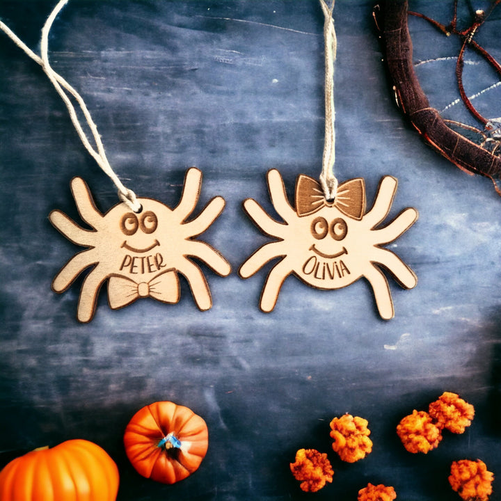 Personalised Halloween Spider Name Tag – Wooden Trick or Treat Bag Tag